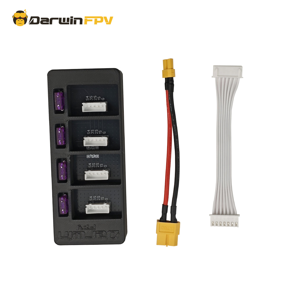DarwinFPV One Link 4S 4S LiPo battery parallel charger package, including the charging board, XT60 power cable, and balance connector cable for FPV drones.