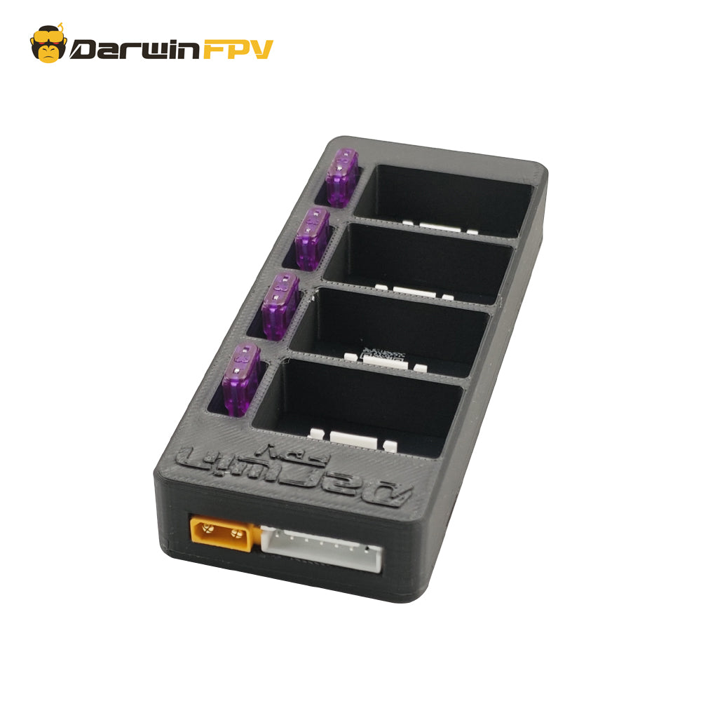 Front view of DarwinFPV One Link 4S 4S LiPo battery parallel charging board, displaying the XT60 power connector and dedicated 4S battery charging slots.