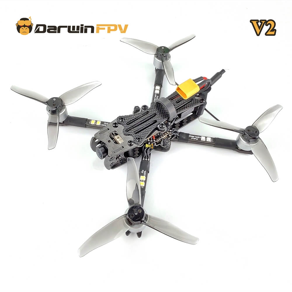 DarwinFPV V2 racing drone, with a lightweight carbon fiber frame and quad-rotor design, suitable for high-performance FPV flight experience