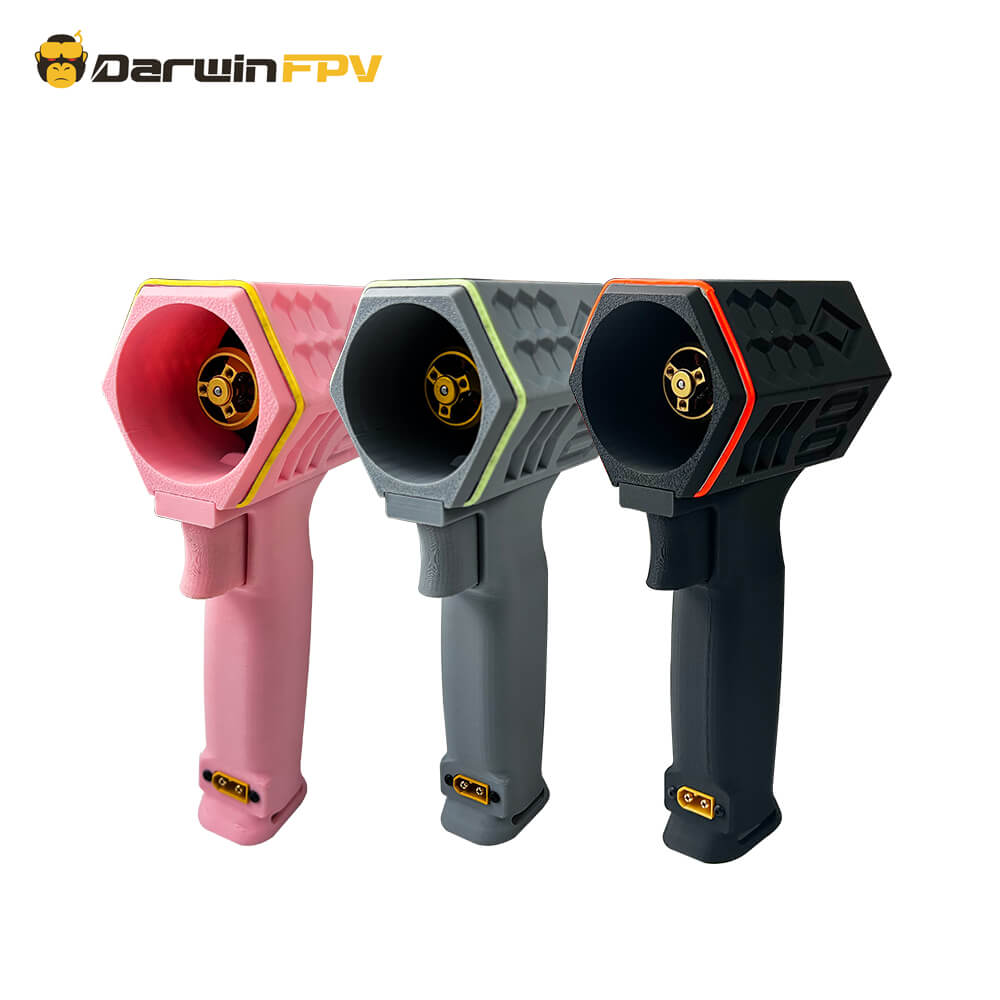 The image shows three DarwinFPV violent fans in different colors: pink, gray, and black. They all have a hexagonal shell and an exquisite appearance design.