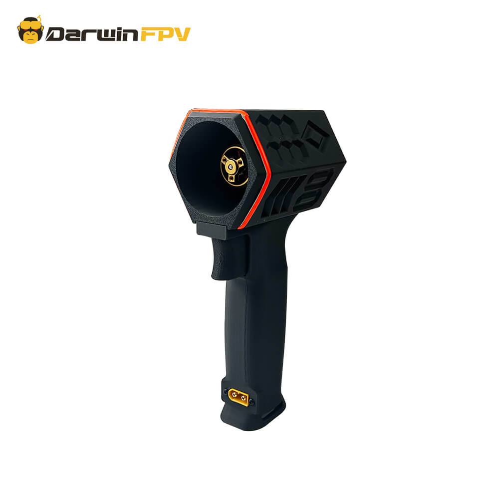 The DarwinFPV Violent Turbo Fan features a black body with striking orange COB light strips on the edges of its hexagonal casing. The fan's central rotor is visible, with a gold - colored center and black blades.