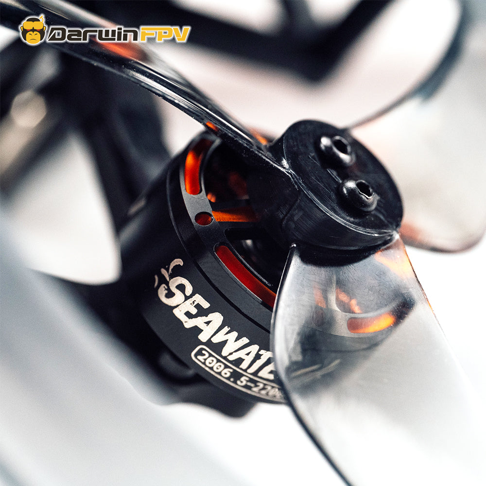 Detailed view of DarwinFPV FPV drone's "SEAWATER" motor and propeller