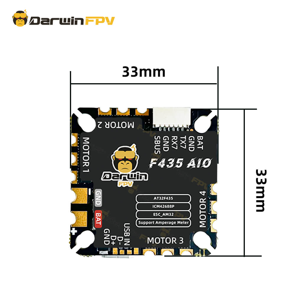 The size of the DarwinFPV F435 AIO flight controller is indicated, showing it measures 33mm by 33mm