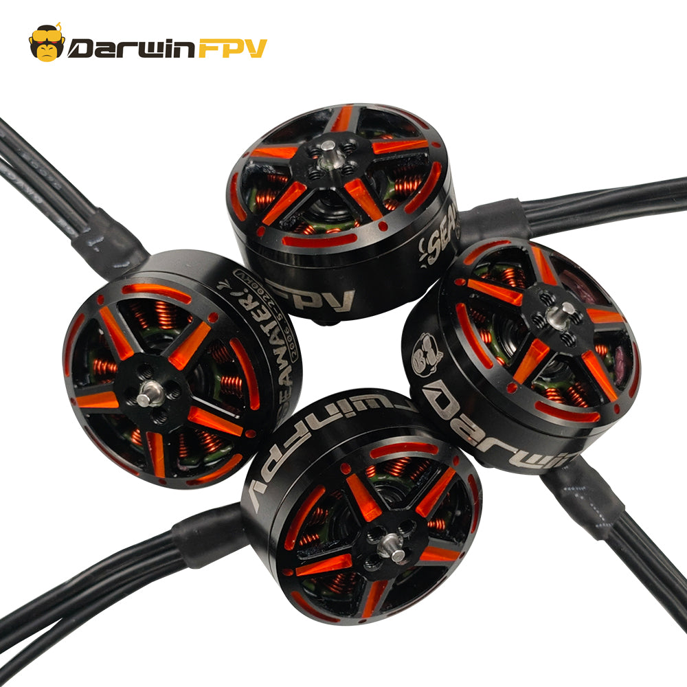  A group of DarwinFPV SeaWater 2006.5 drone motors shown from an angled view.