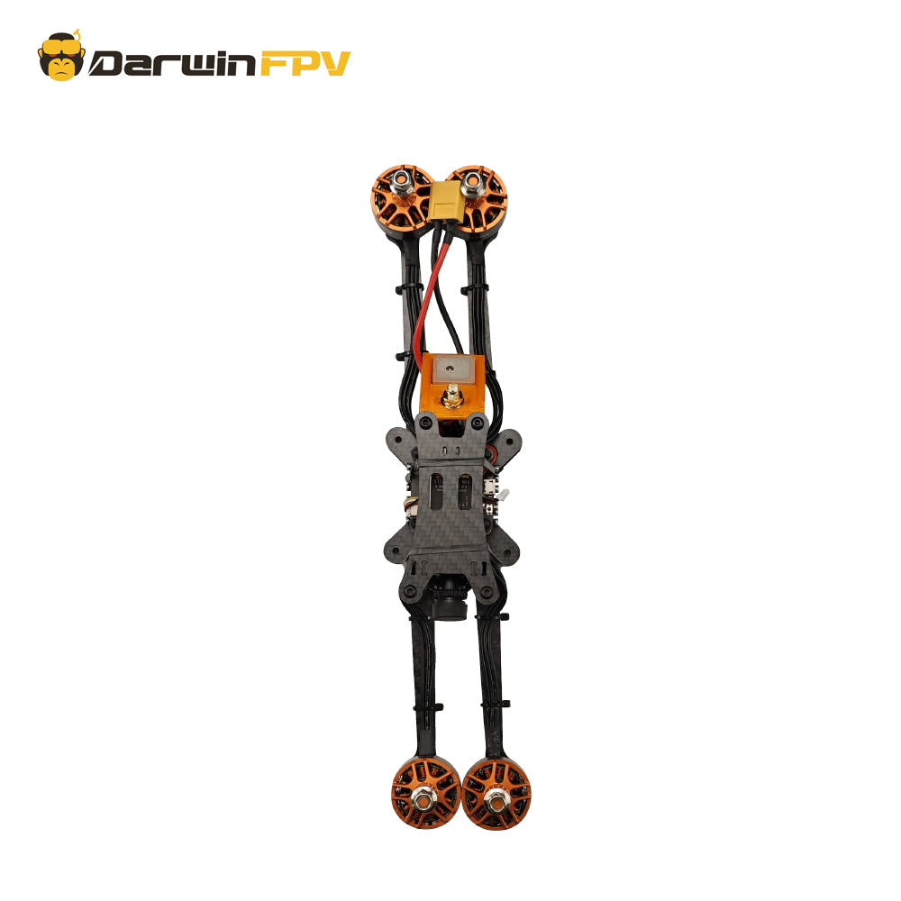 Partially assembled frame of Darwin 129 7-inch FPV drone (shipped this way for damage prevention), featuring its signature Ture-X structure and 2507 motors.