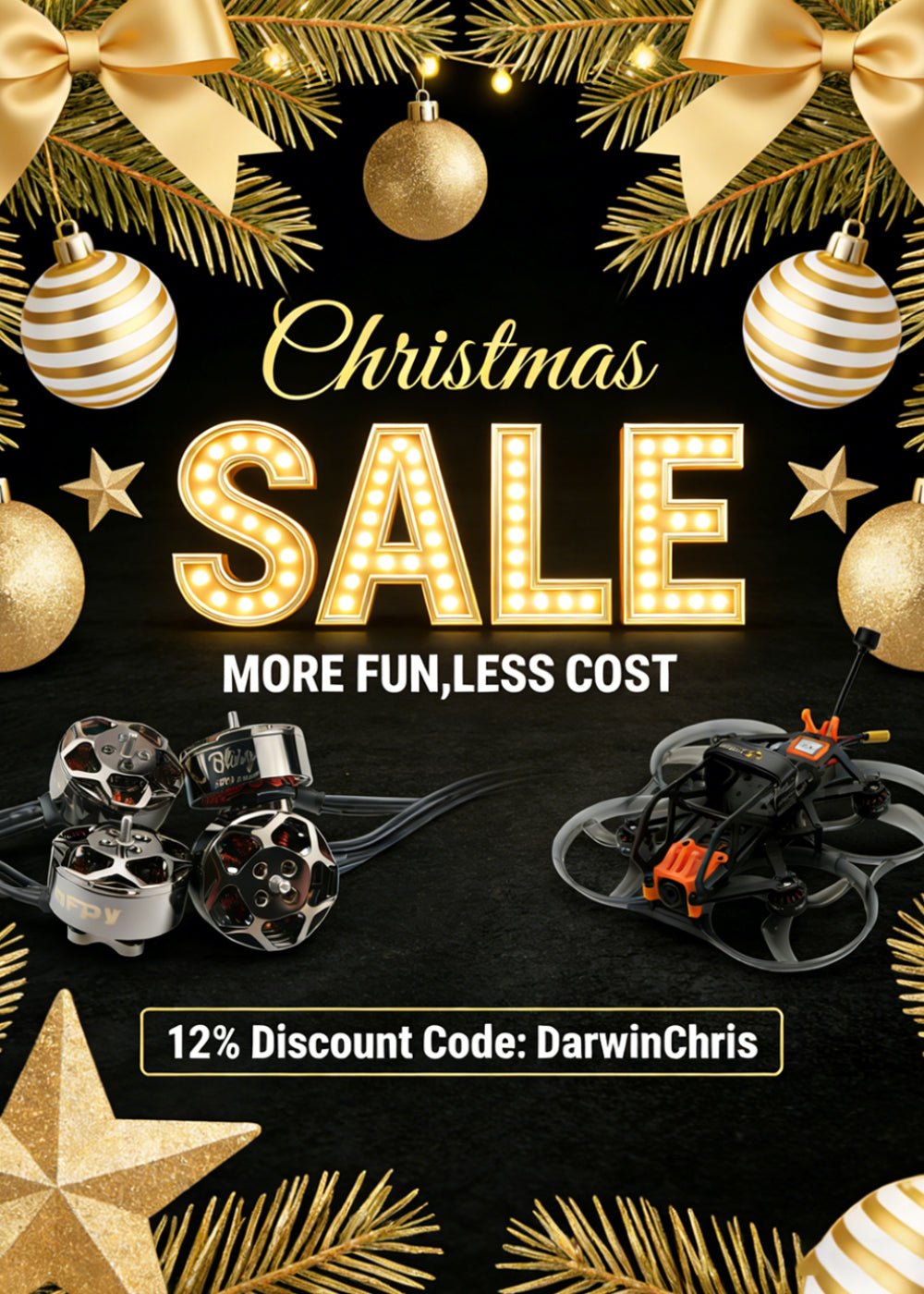 DarwinFPV Christmas Sale Banner - Pro-Grade & Pilot-Friendly Bling FPV Motors + FPV Drone | 12% Off with Code DarwinChris (High-Value FPV Gear)