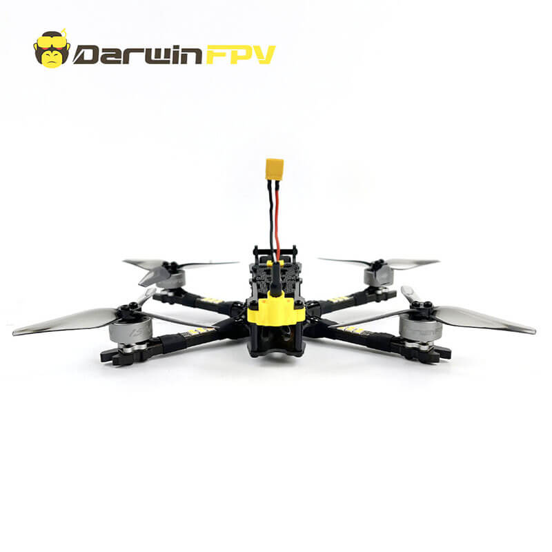 Rear view of DarwinFPV drone featuring XT60 battery connector, four propellers, and low-profile design