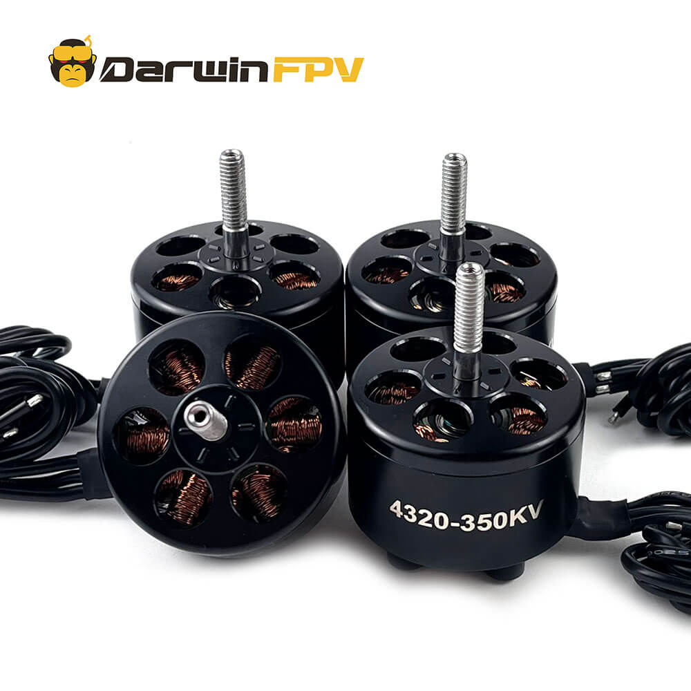 Group of four DarwinFPV 4320-350KV brushless motors, showcasing top and side views with visible copper windings and mounting screws, perfect for drone enthusiasts